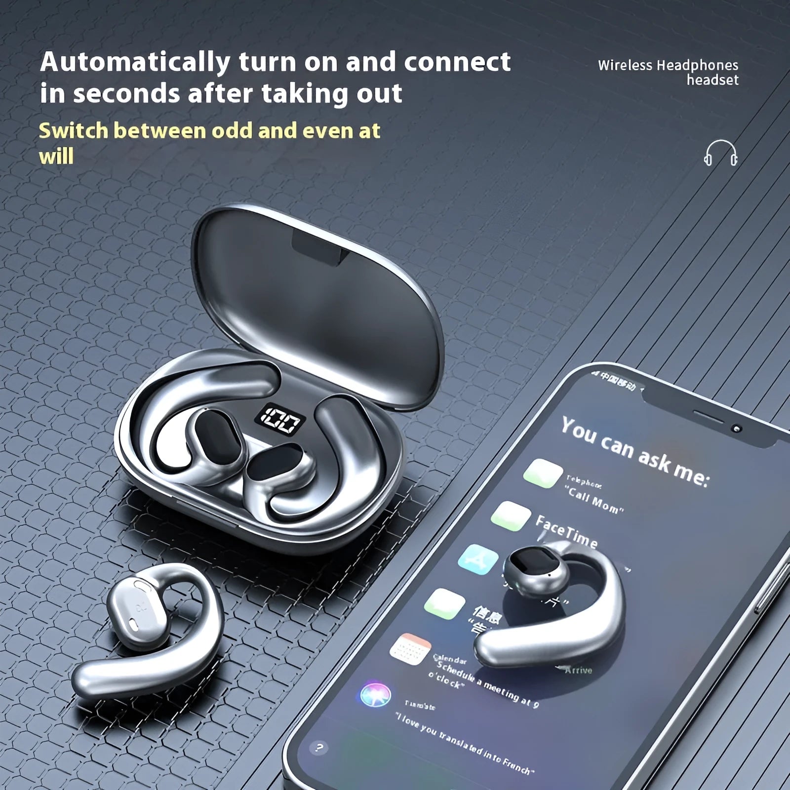 Black or white ear-mounted Bluetooth headset with digital display screen, shown with charging cable