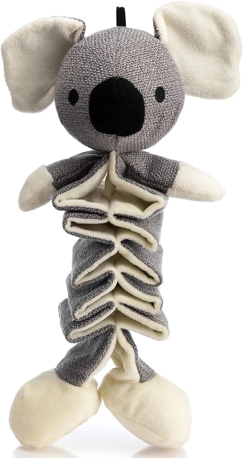 Grey koala-shaped dog toy measuring 30cm long with plush fabric and durable cloth construction.