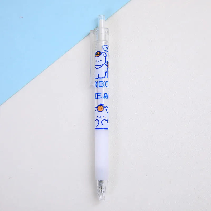 Press pen knife with retractable blade showing character designs including bear and rabbit themes.
