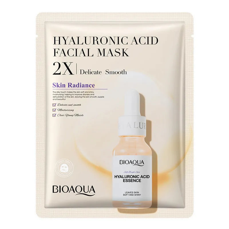 Single-use facial sheet mask with gel serum, shown in Centella, Collagen, Hyaluronic Acid or Vitamin C variants.