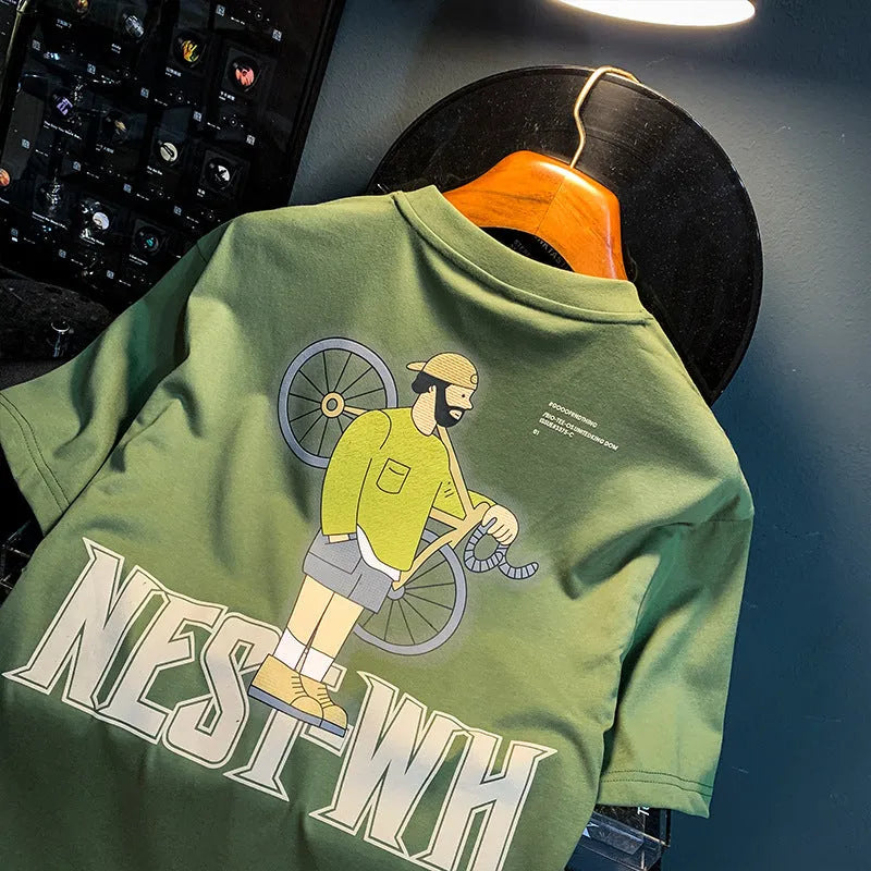 Green men's T-shirt with literary youth printed design showing loose fit short sleeves