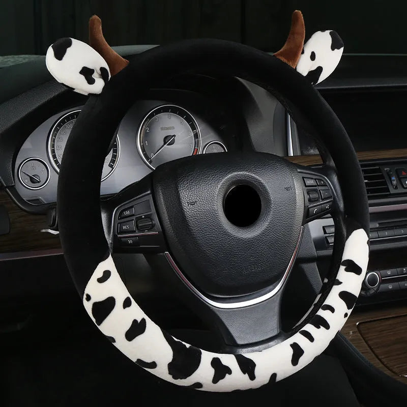 38cm short plush car steering wheel cover with protective handle in black colour