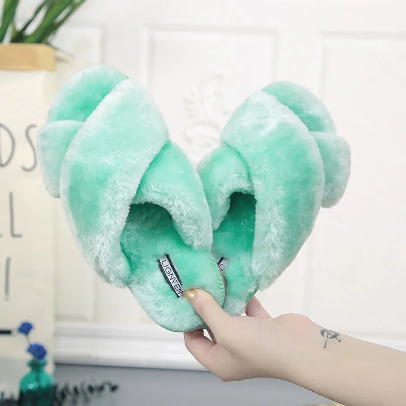 Cross open-toe fur slippers showing open-toe design and patterned non-slip sole