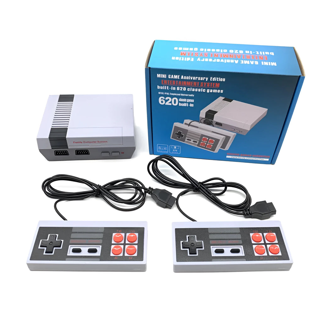 NES retro game console with two controllers measuring 18.3cm long in ABS plastic housing