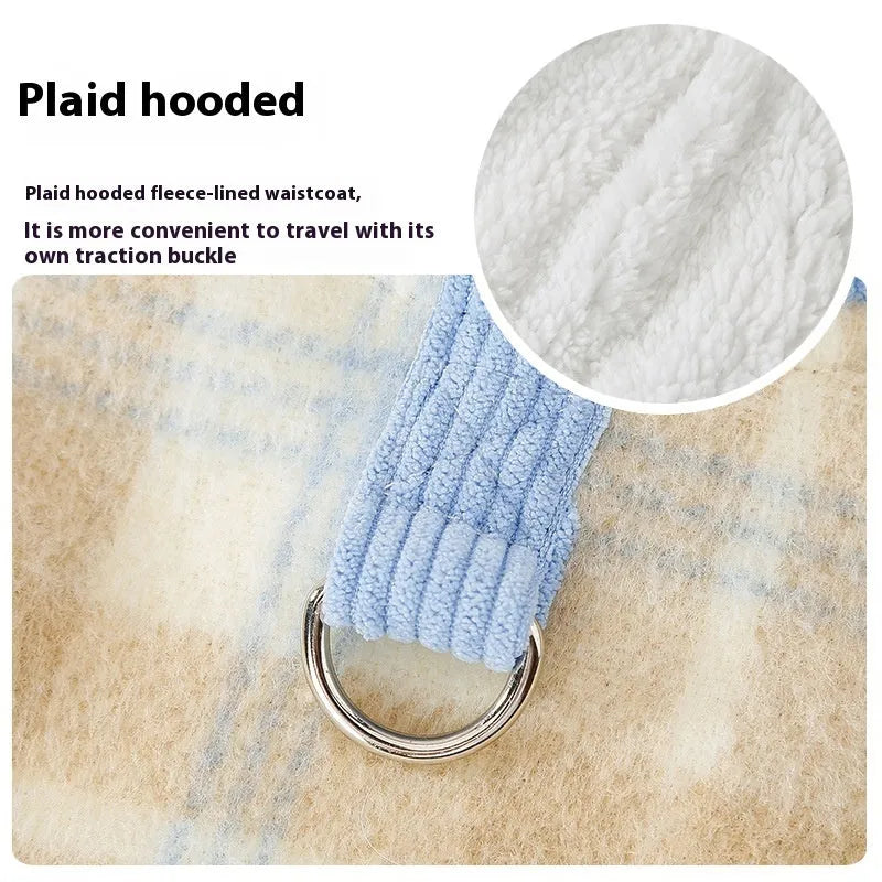 Blue corduroy hooded vest for pets with a grid pattern and traction elements on the hood.