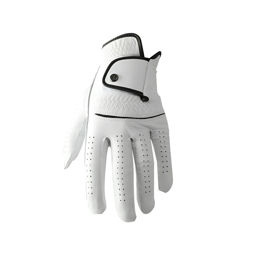 White men's golf glove with half sheepskin palm and non-slip grip design