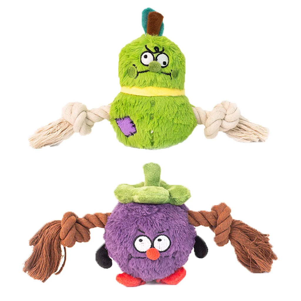Green and purple interactive dog plush toy with integrated rope knot for tug-of-war games.