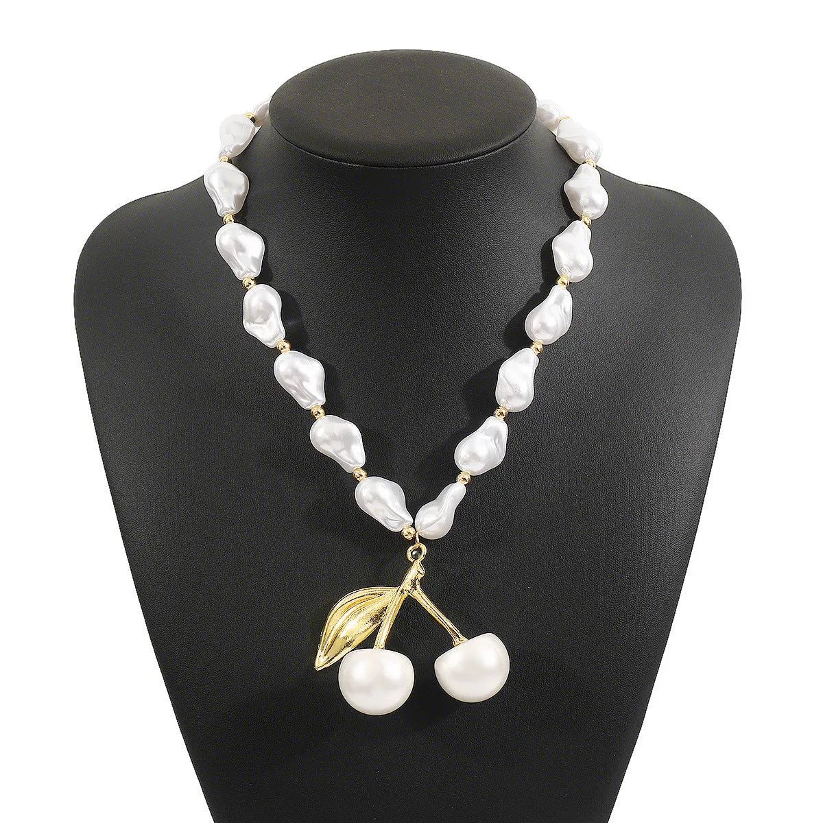 Adjustable women's necklace with cherry fruit pendant and pearl-style chain in gold or white K