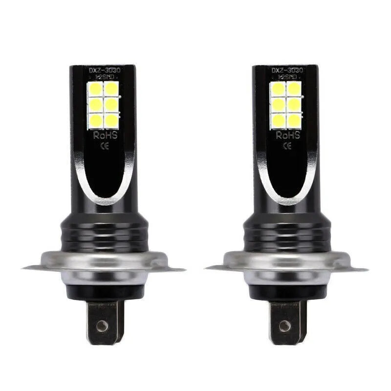 Close-up of a white aluminium H7 LED fog light with 12 visible SMD chips.