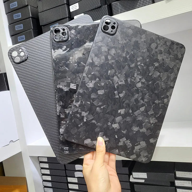 Real carbon fibre hard protective case for Apple iPad Pro 11 tablet in a flat design.
