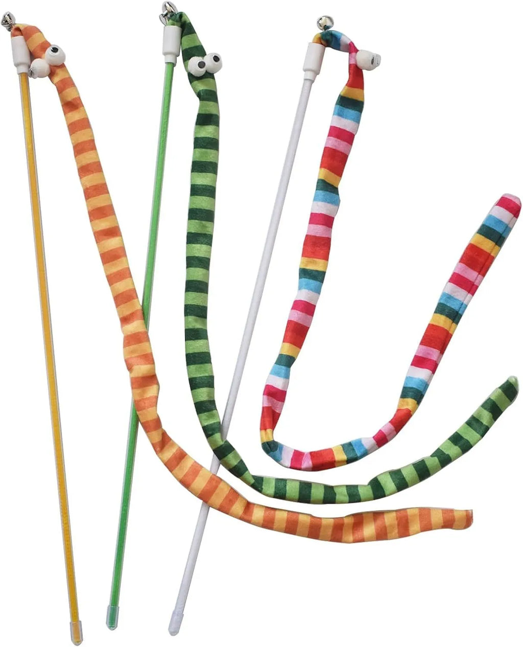 Green cat wand toy with long plush strip on a polycarbonate pole, shown mid-swing.