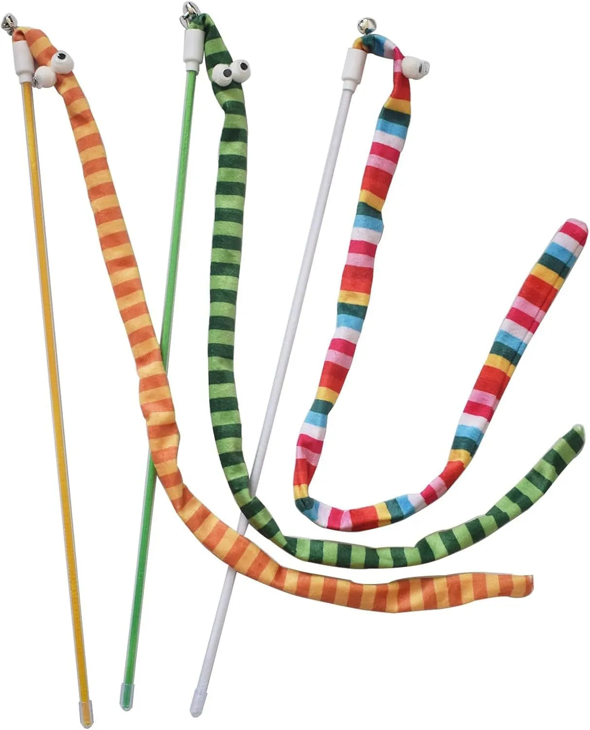 Green cat wand toy with long plush strip on a polycarbonate pole, shown mid-swing.