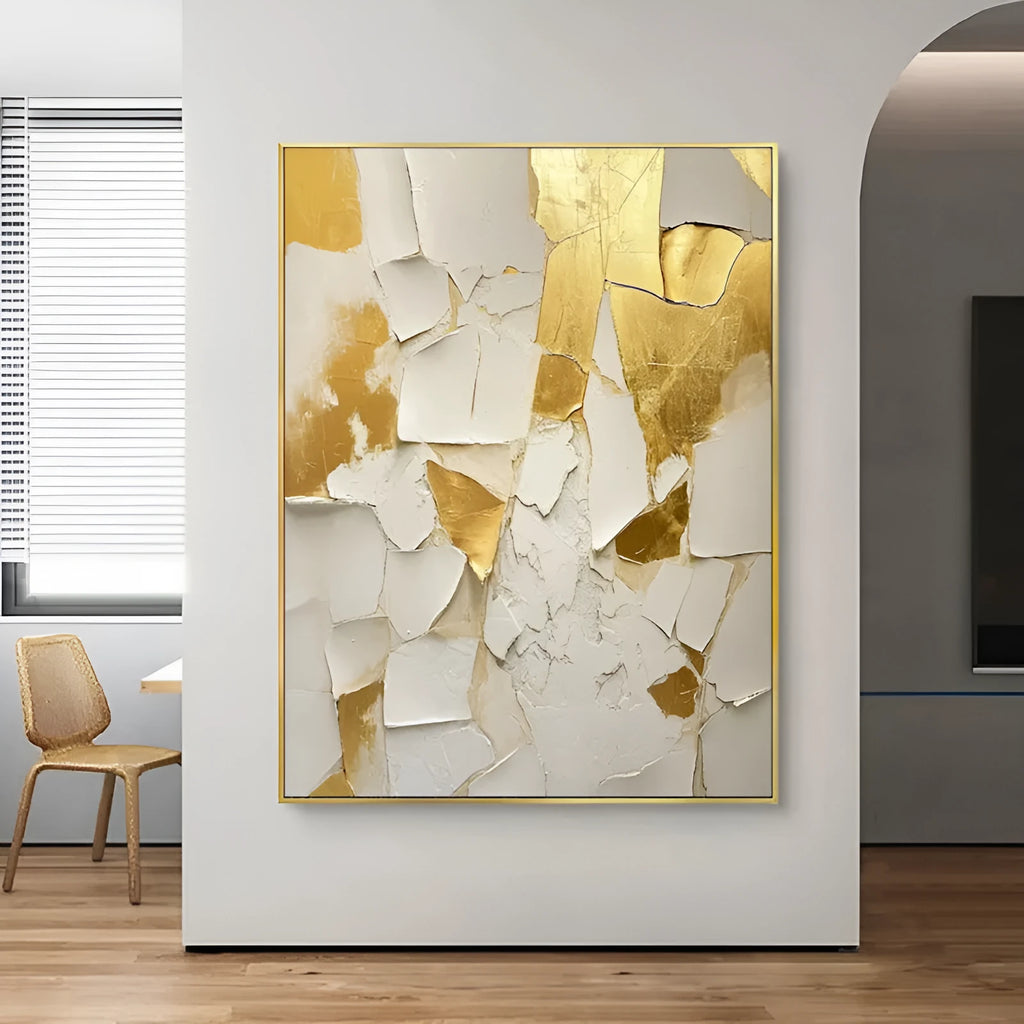 Golden and white handmade abstract oil painting on canvas, vertical one-panel wall art, unframed