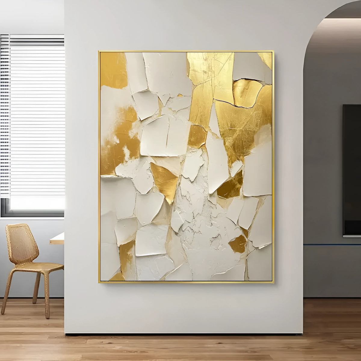 Golden and white handmade abstract oil painting on canvas, vertical one-panel wall art, unframed