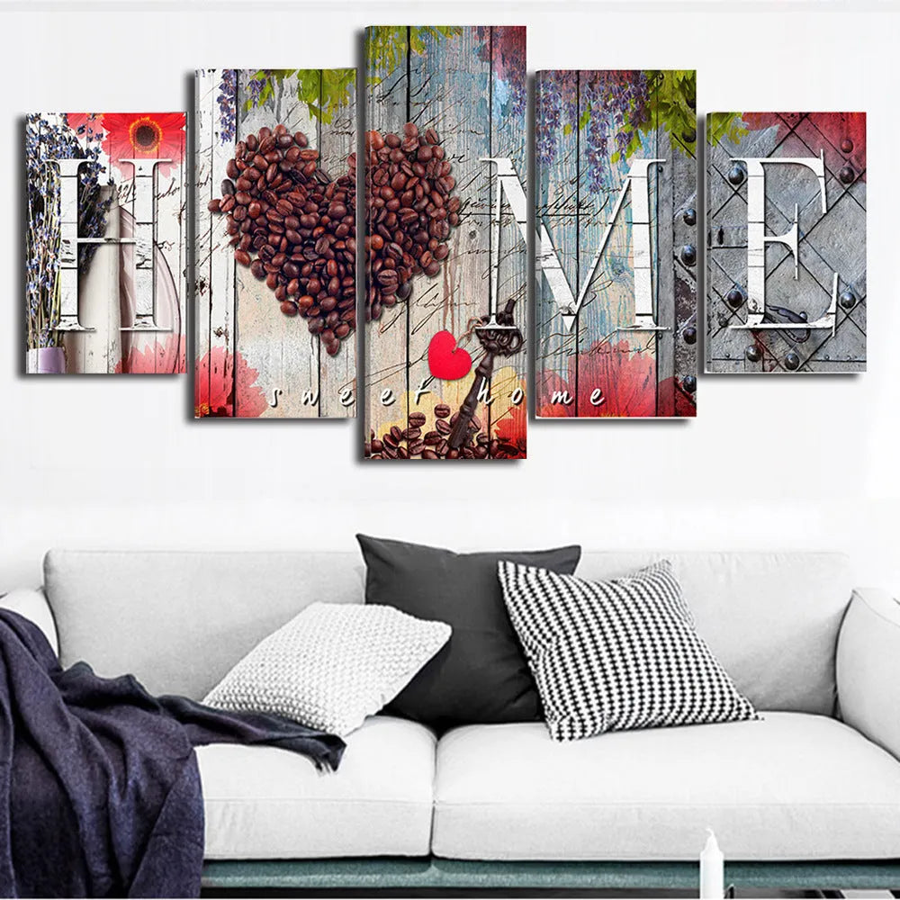 Set of five red oil painting home decoration boards arranged as gallery wall display