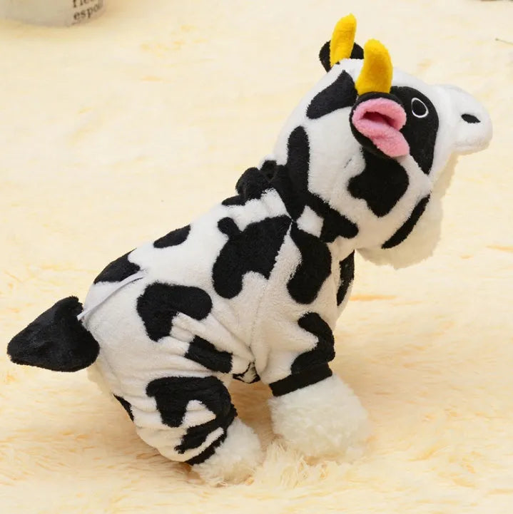 White cow costume hooded pet coat for dogs and cats, sizes XS to XL, with length and bust measurements