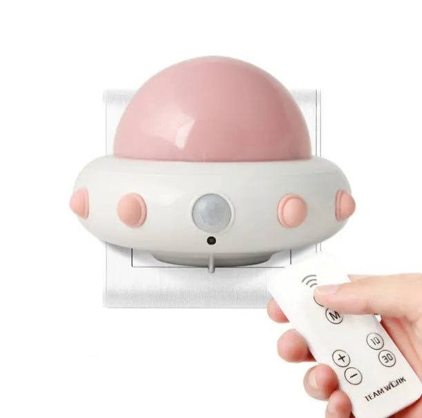 Remote control UFO bedside night light in blue colour with cartoon design