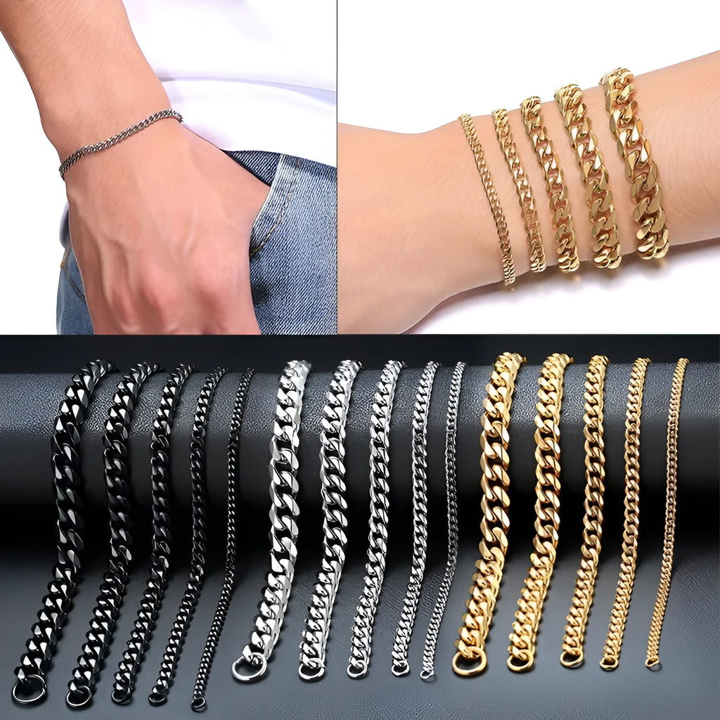 Gold six-sided geometric Cuban link metal bracelet on wrist, showing textured chain design.