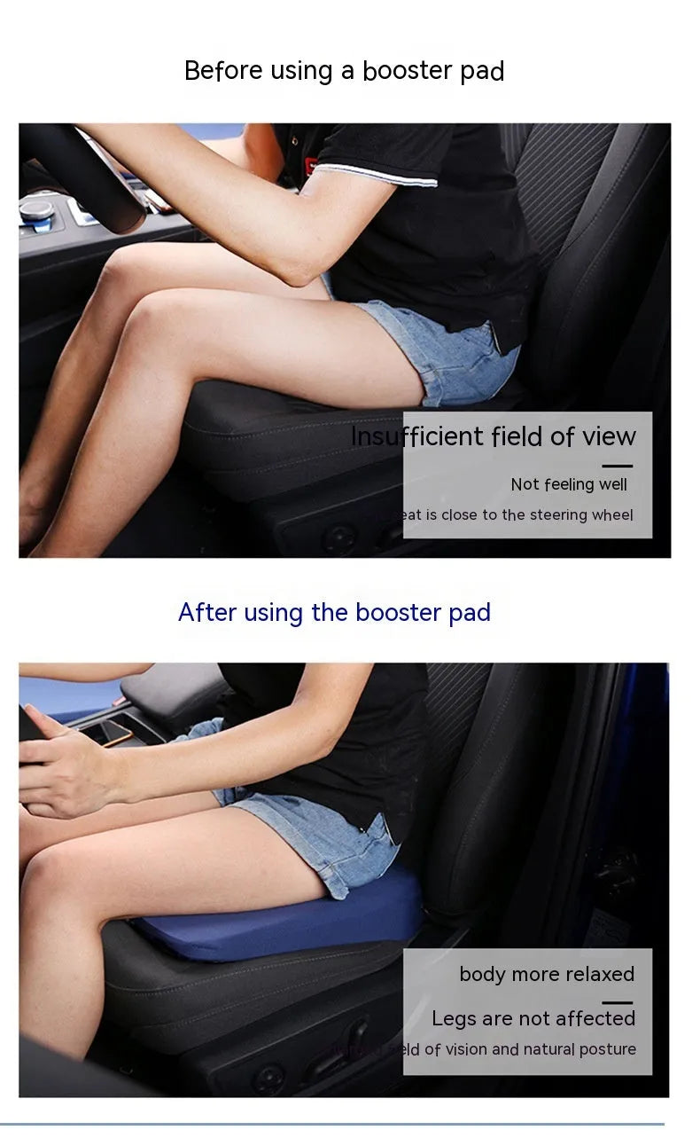 Black car seat cushion adding 6cm of height on a vehicle seat.