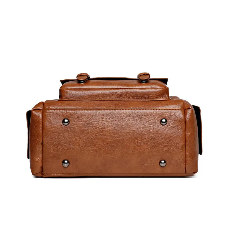 Large capacity vintage PU leather messenger bag with contrast stitching in horizontal square shape