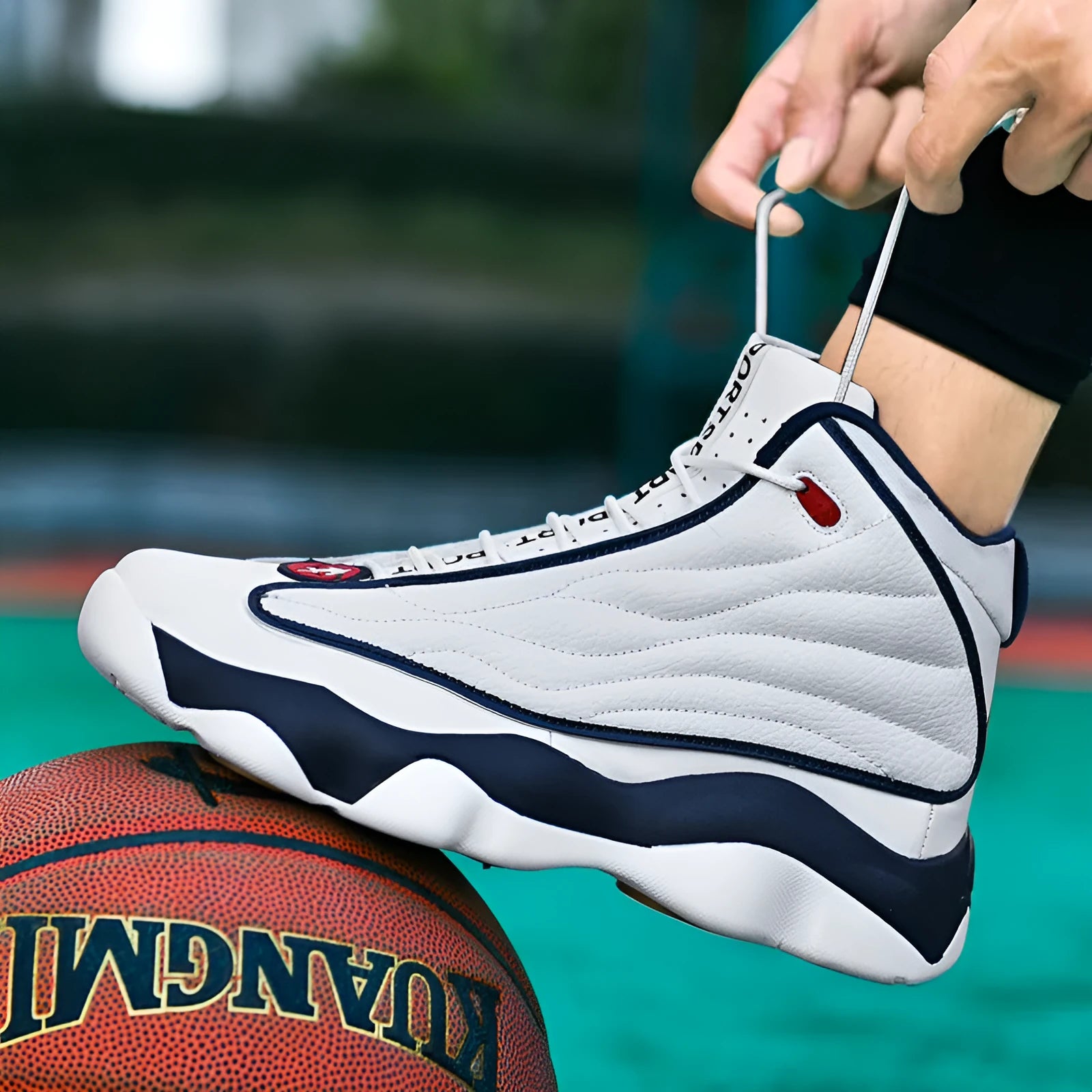 Men's high-top mesh basketball shoes with thick rubber sole in AJ13 white red colourway