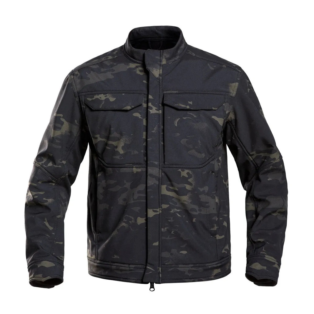 Bone Frog Peak Breaker black soft shell tactical jacket shown on model for mountaineering.