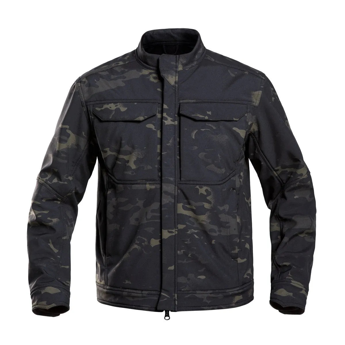 Bone Frog Peak Breaker black soft shell tactical jacket shown on model for mountaineering.