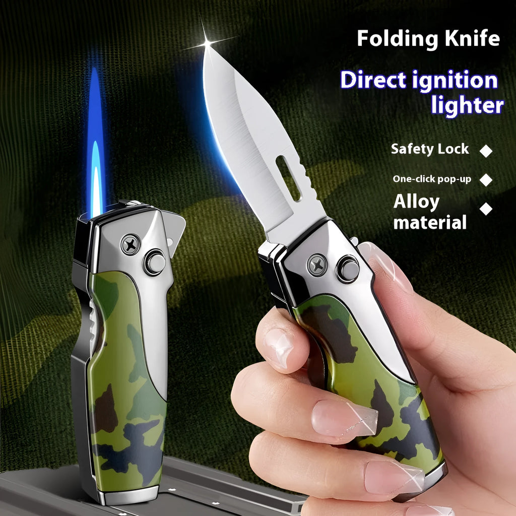 Zinc alloy metal folding lighter tool with jet flame and knife blade in a camouflage finish.