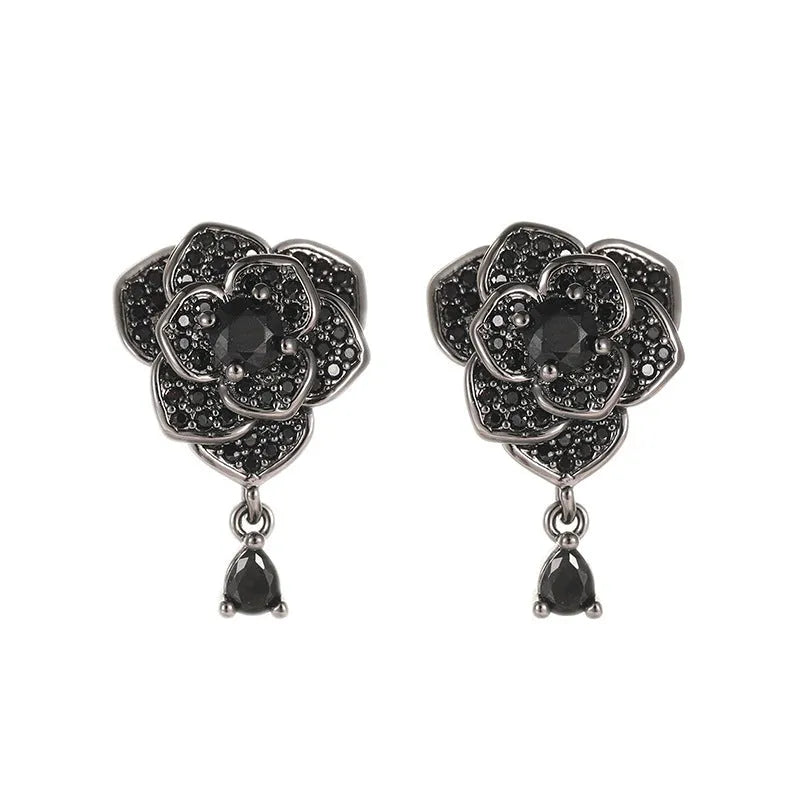 Black rose zircon stud earrings with flower shaped design on copper base