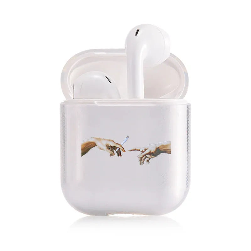 Transparent plastic protective case for Apple AirPods showing colour style options