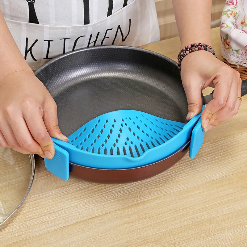 Silicone clip-on kitchen funnel strainer with stainless steel inner frame in blue colour.