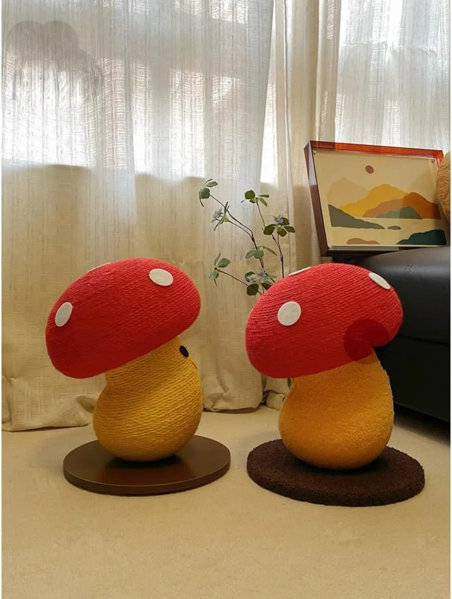 Foldable round mushroom-shaped cat scratcher board made from corrugated cardboard.