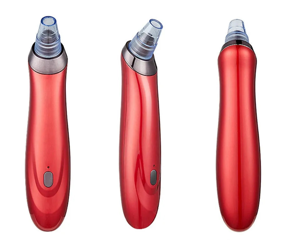 Black, gold, red, or white electric blackhead remover device with nozzle attachments on a white background.