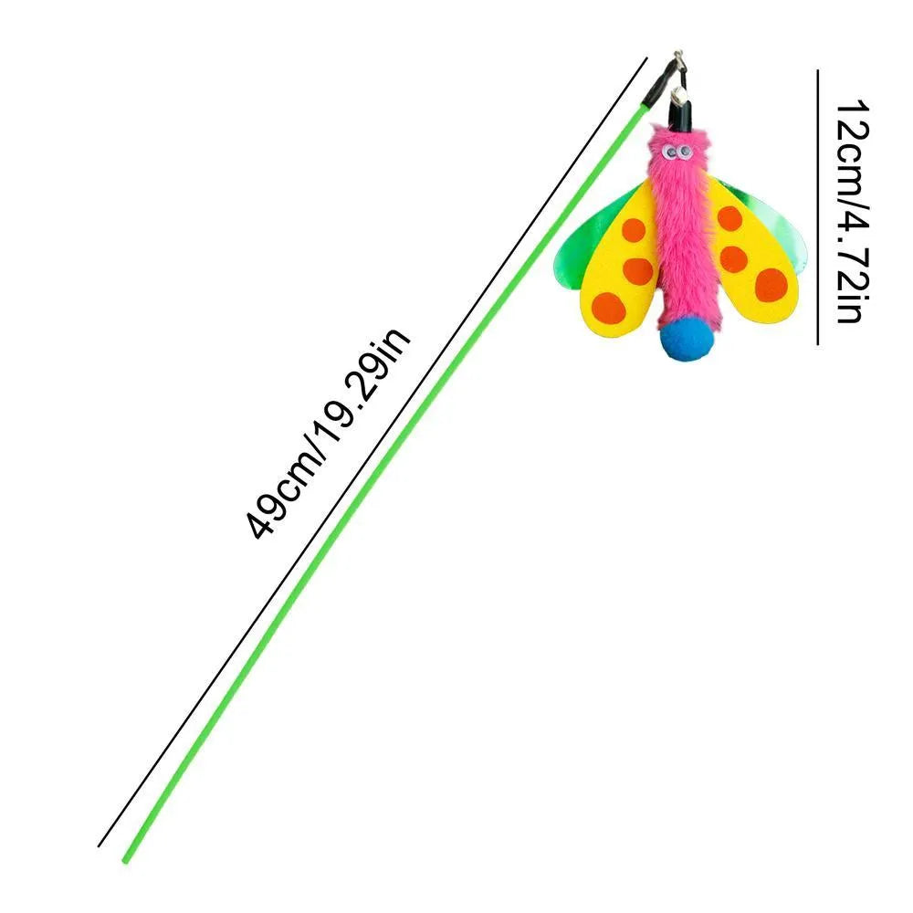 Blue cat wand toy with dragonfly attachment and bell on 49cm extendable stick