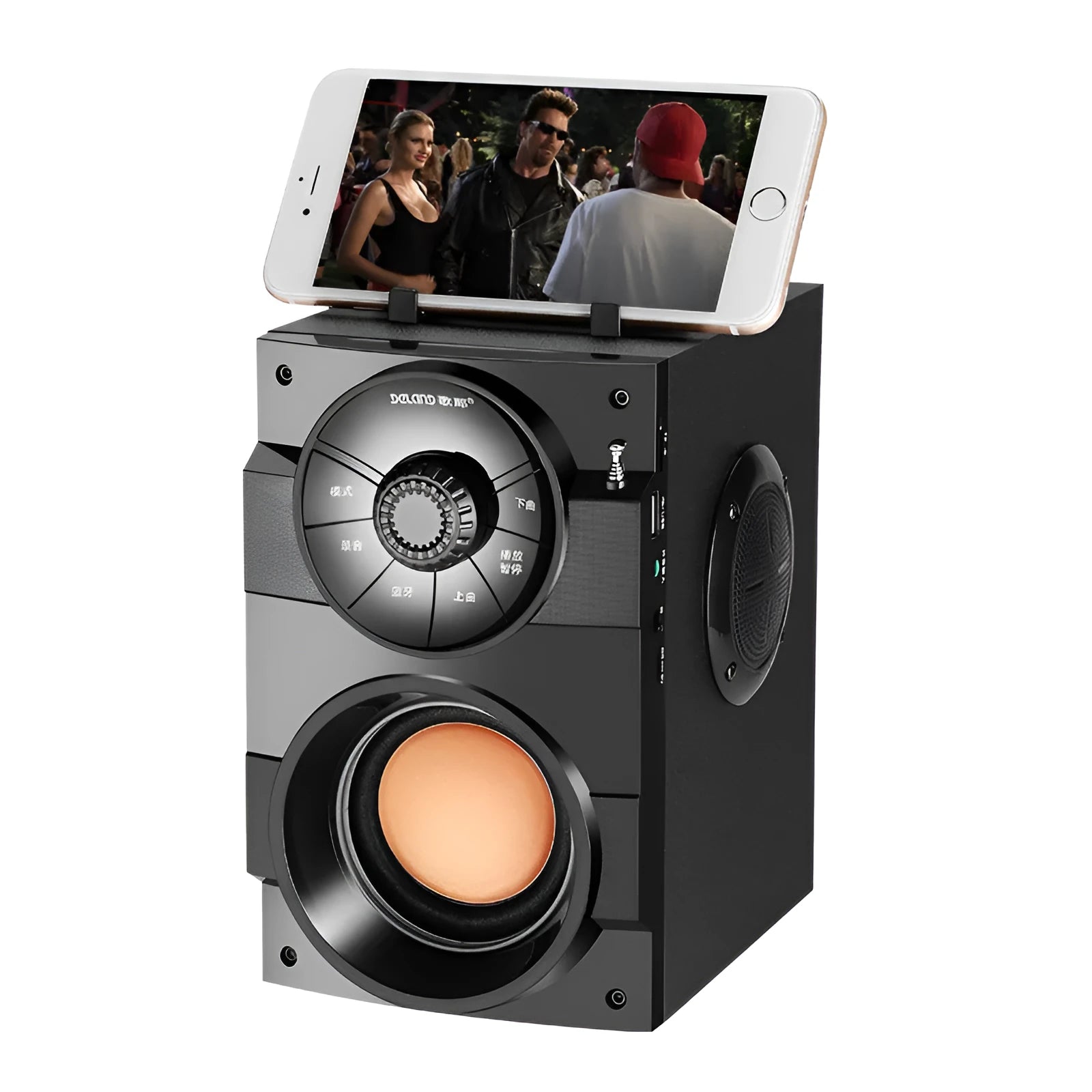 Black portable mini audio system with subwoofer, main box, satellite box, and 1.2 metre connection cable.