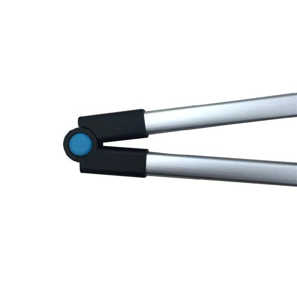 Blue foldable portable pickup tool with telescopic handle extended to 83.5 cm next to folded 13 cm version