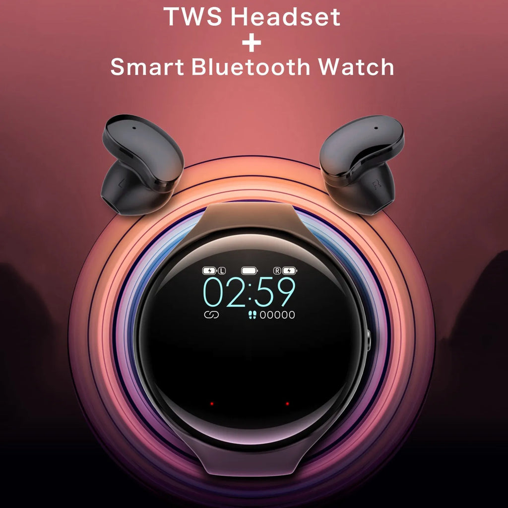 Black detachable smart watch and Bluetooth earphone combo for fitness tracking and calls.