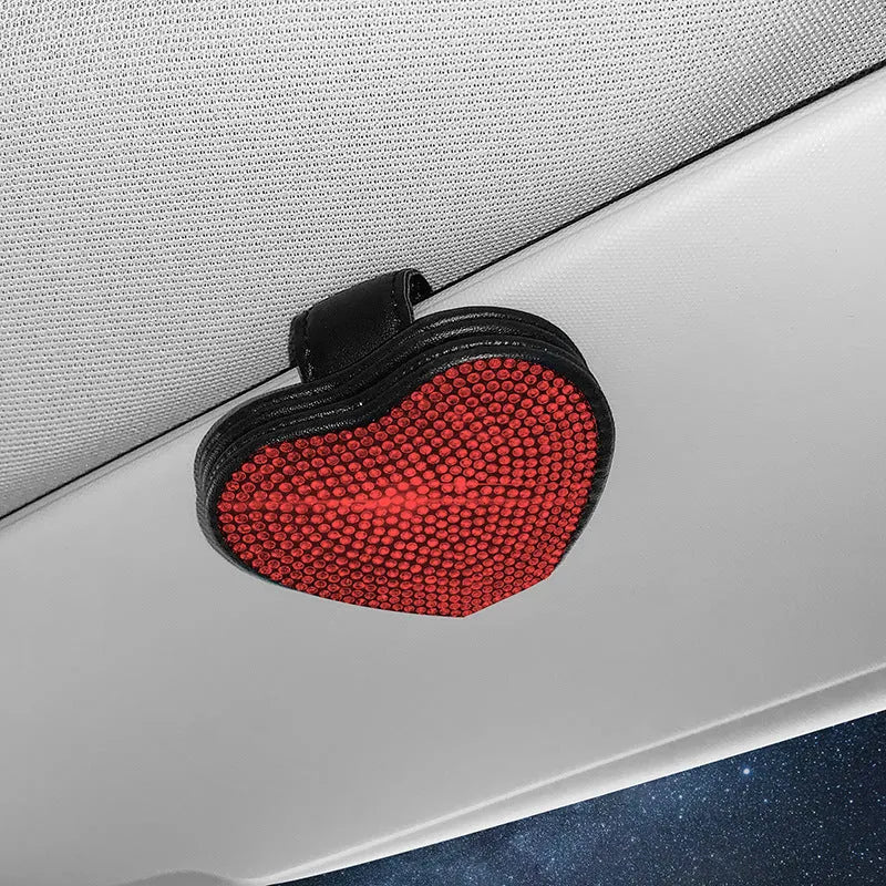 Car sun visor glasses clip made of PU leather with diamond encrusted design in various colours holding sunglasses