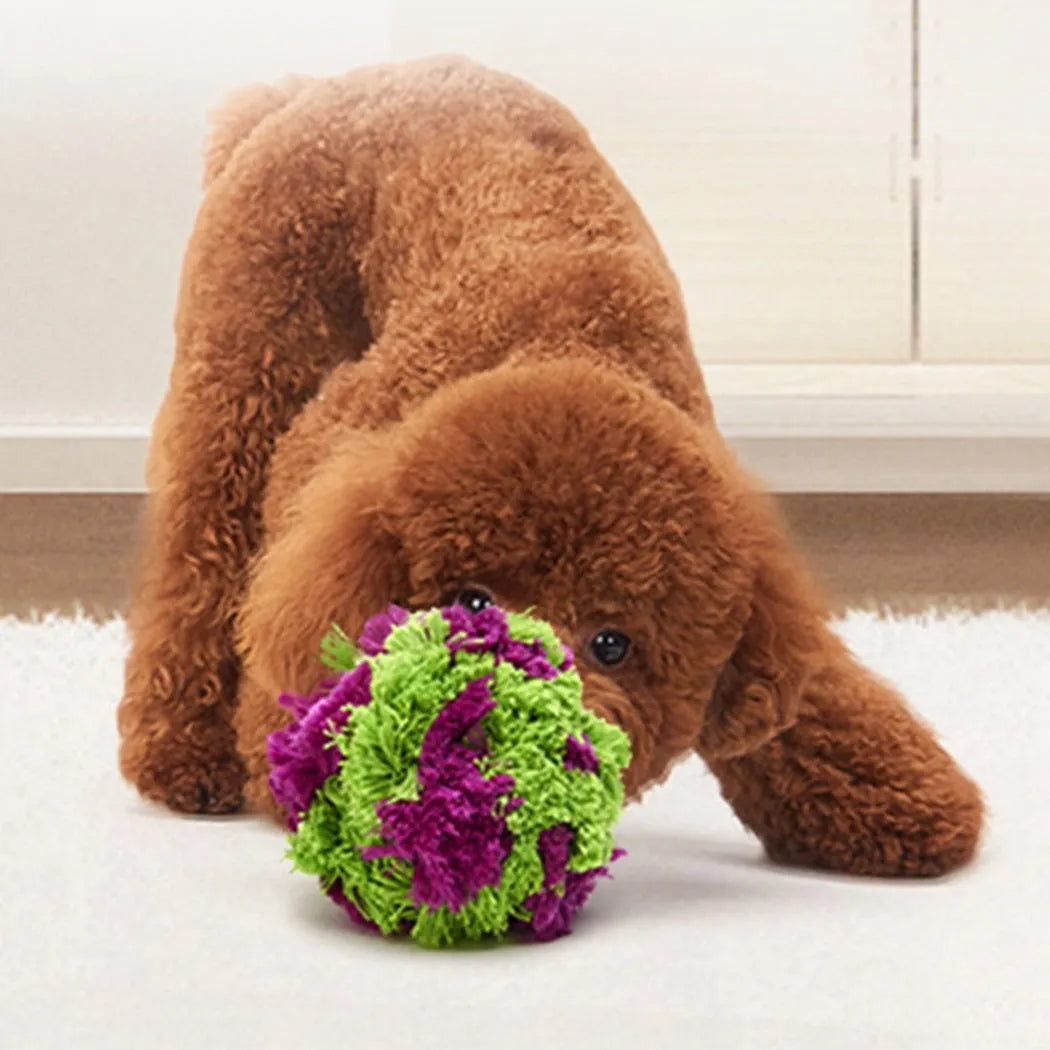 Purple plush seaweed ball dog chew toy for teething puppies 15cm diameter