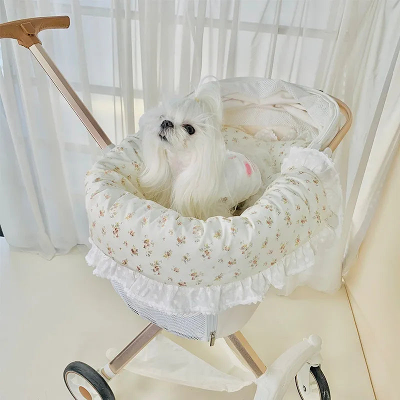 Pure cotton pet stroller cushion set with removable towel, cushion and pillow in floral pattern