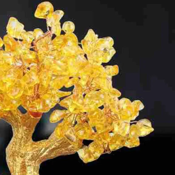 Citrine-coloured small water turtle money tree Feng Shui ornament made of resin.
