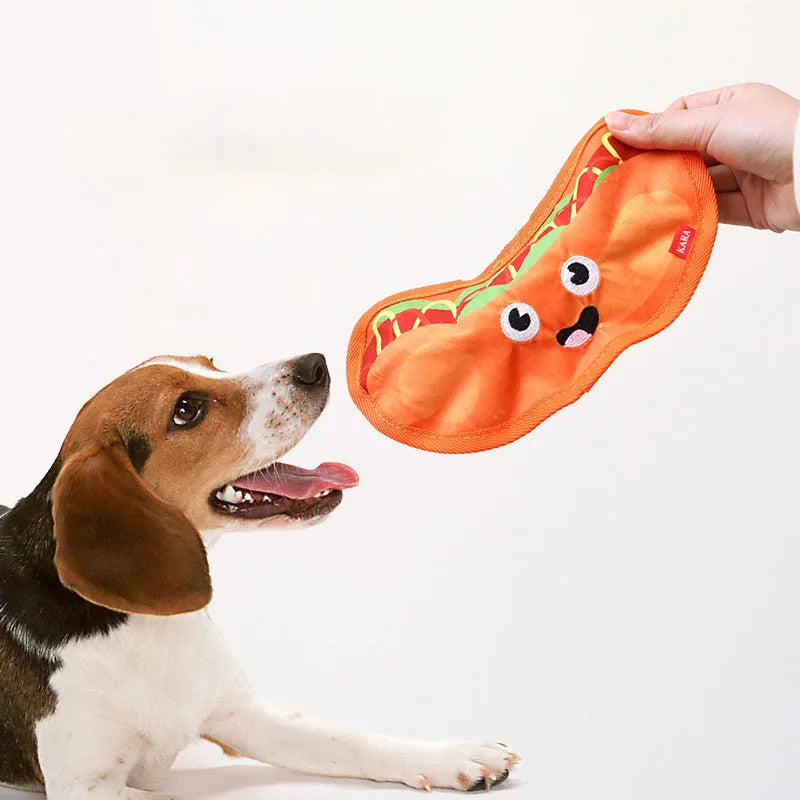 Food-shaped dog toy with crinkle and squeak features in hamburger, fries, hot dog, and pizza designs
