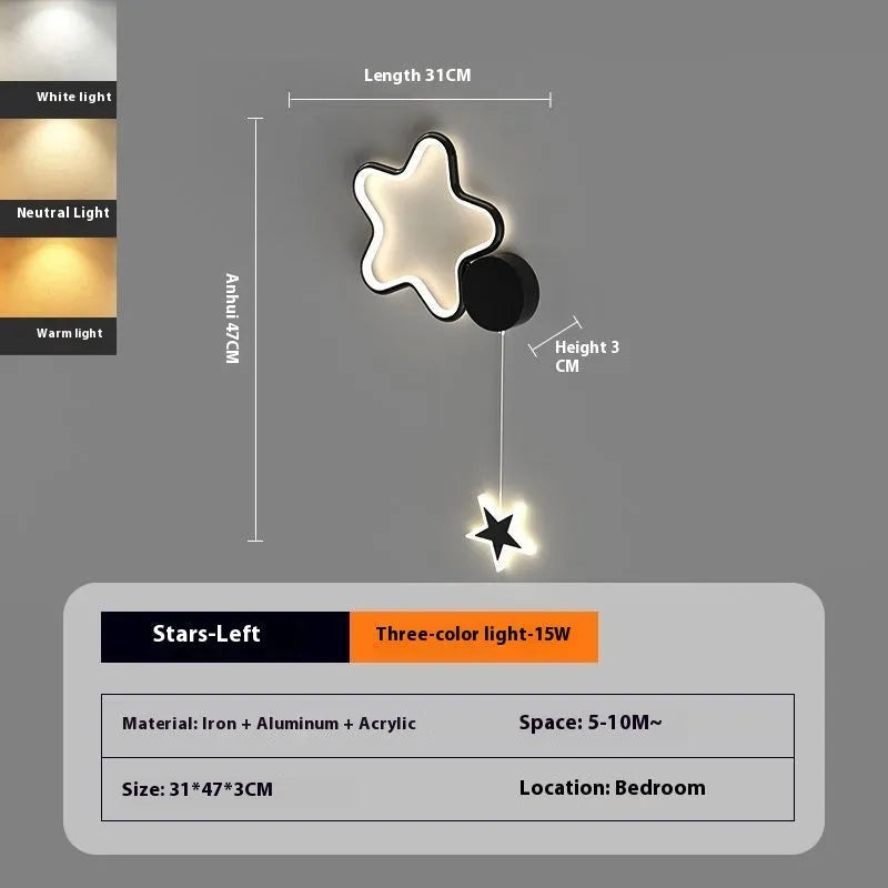 Cartoon cloud, moon and five-pointed star shaped bedside wall lamp for a children's bedroom in black or white.
