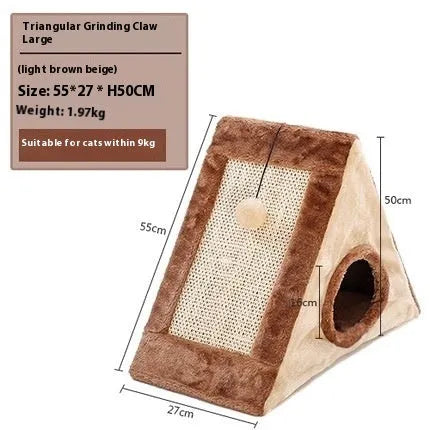 Grey and white triangle sisal scratching post for cats on a wooden floor.