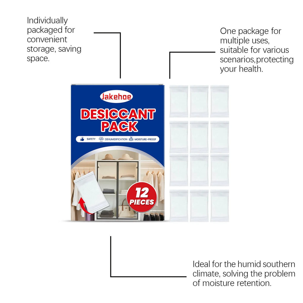 Pack of 12 white calcium chloride desiccant sachets for household moisture and odour control.
