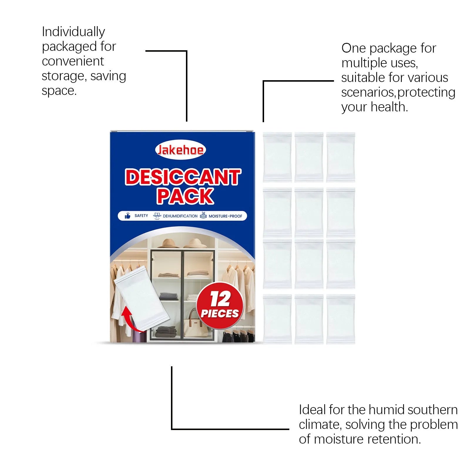 Pack of 12 white calcium chloride desiccant sachets for household moisture and odour control.