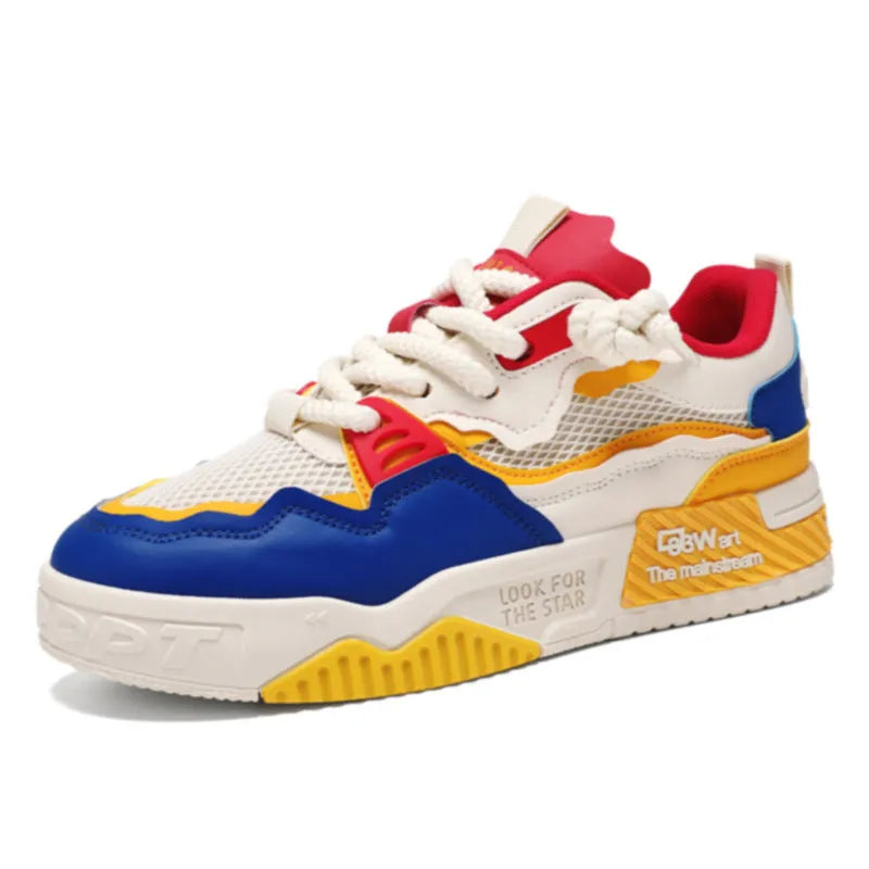 Men's low-top board shoes in white and yellow, white and black, and beige colourways with mesh lining