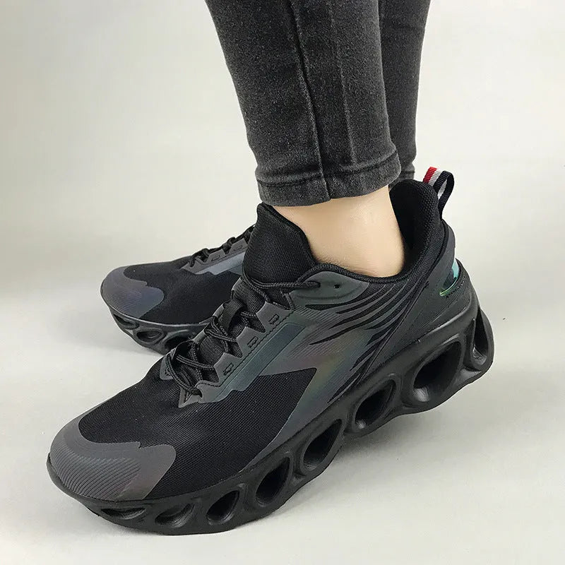 Men's breathable mesh sports shoes with low top design, EVA sole, and lace-up closure in black, white, or dark blue colors