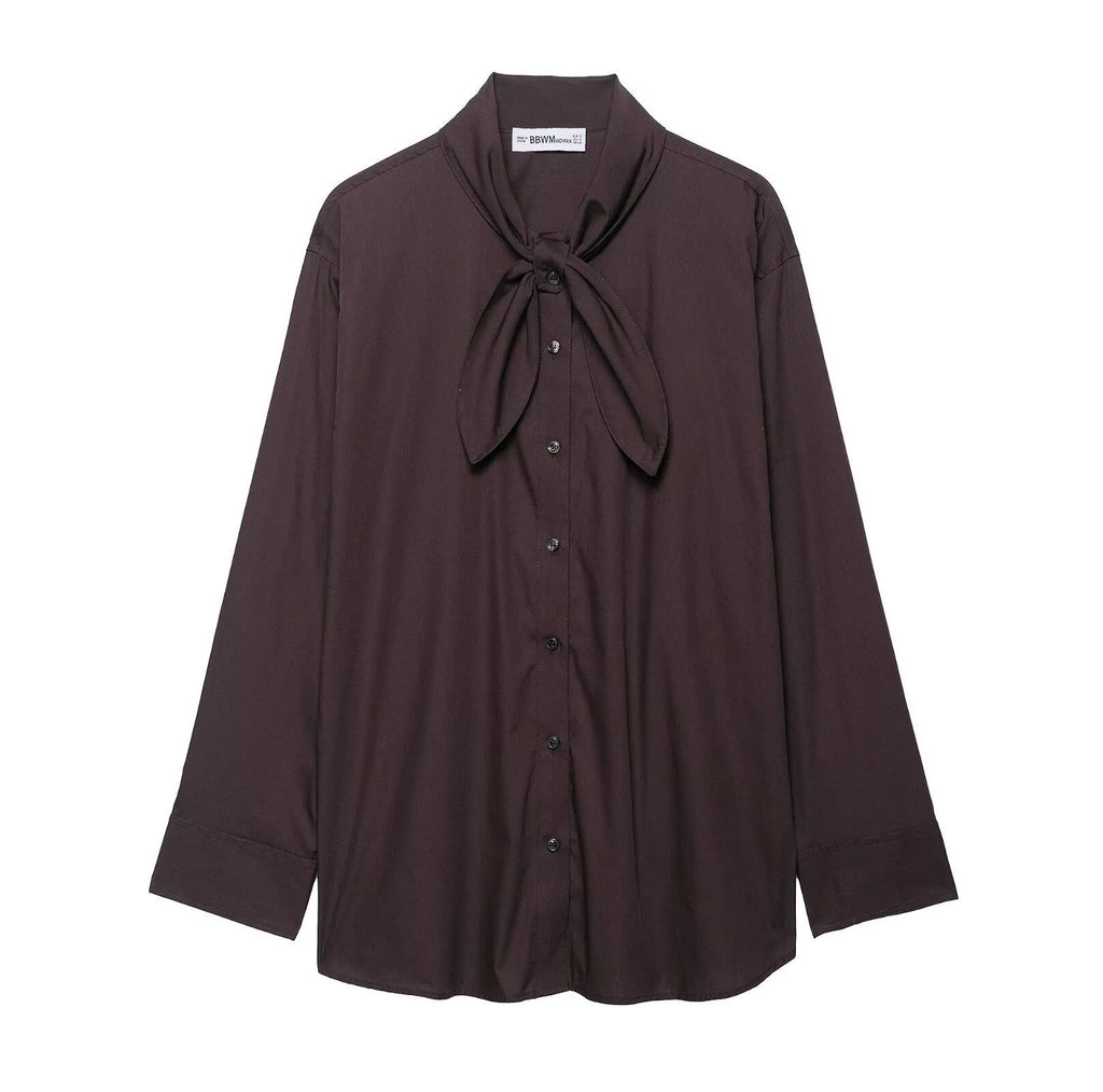 Brown women's poplin shirt with bow tie detail and long sleeves in loose fit