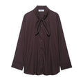 Brown women's poplin shirt with bow tie detail and long sleeves in loose fit